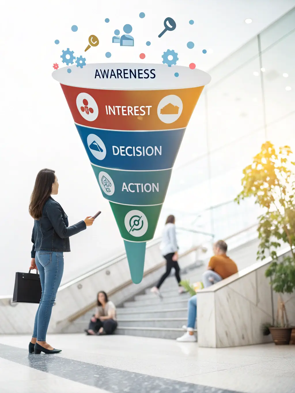 A visual representation of a marketing funnel, illustrating the customer journey from awareness to conversion.