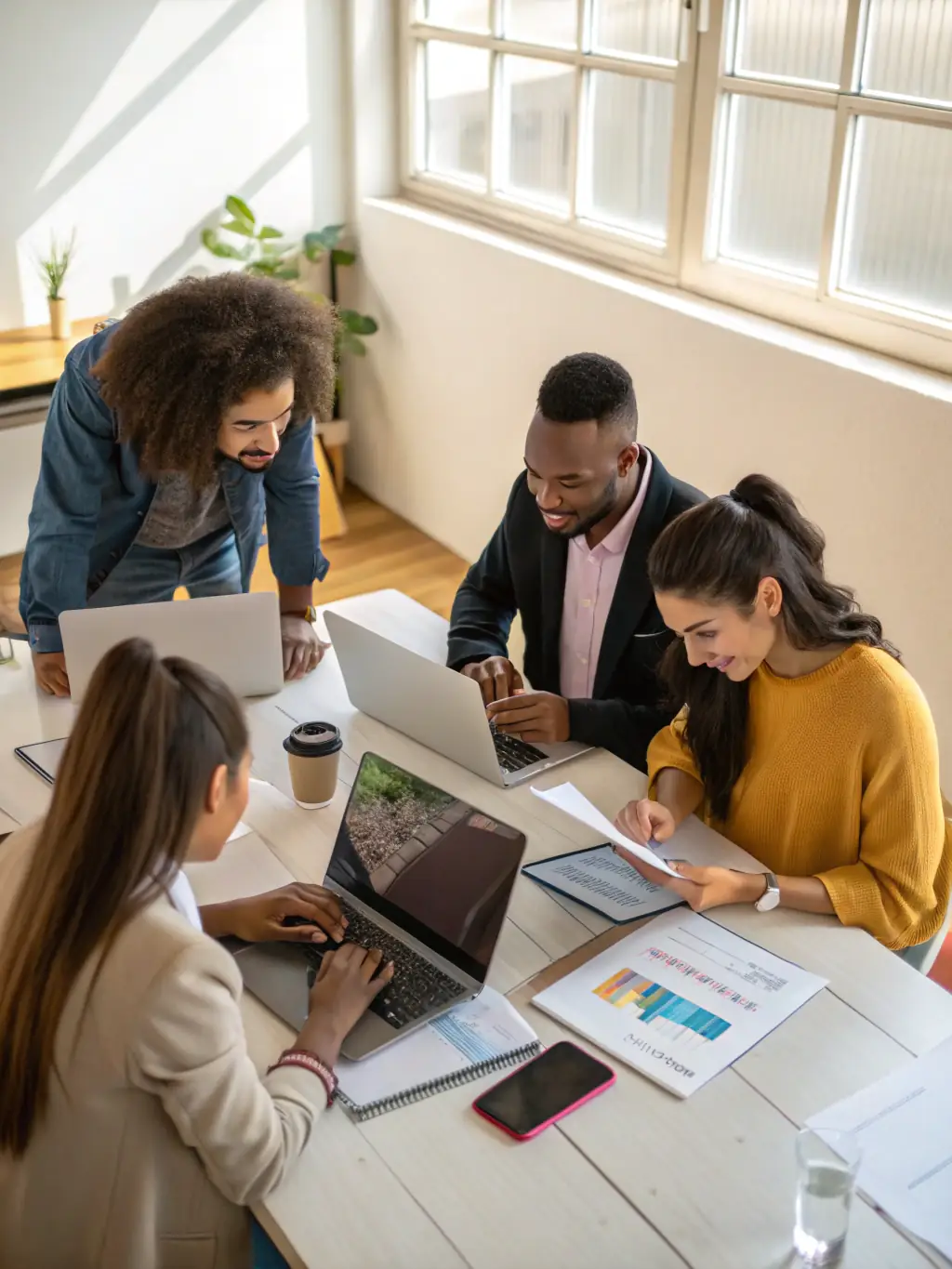 A photograph of a diverse team collaborating around a table, brainstorming marketing strategies.